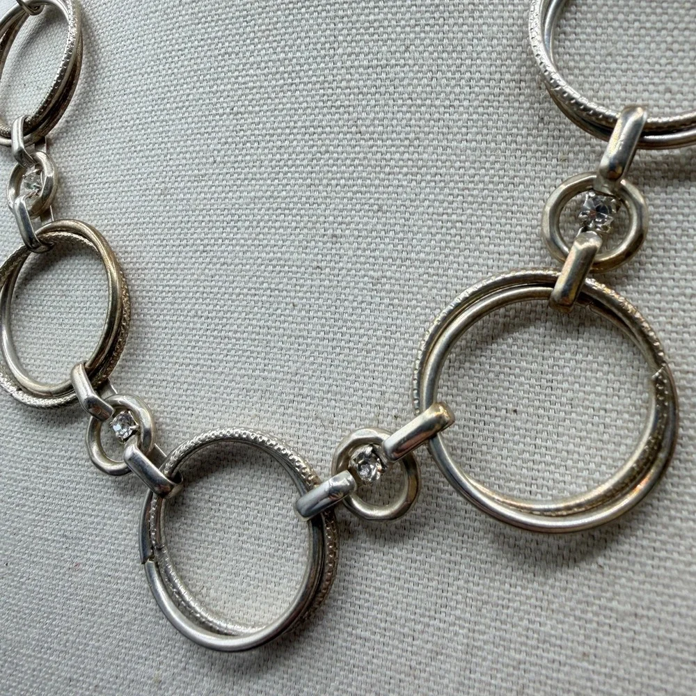 Silver Tone Circle Link Statement Necklace Rhinestone Accents Modern Geometric